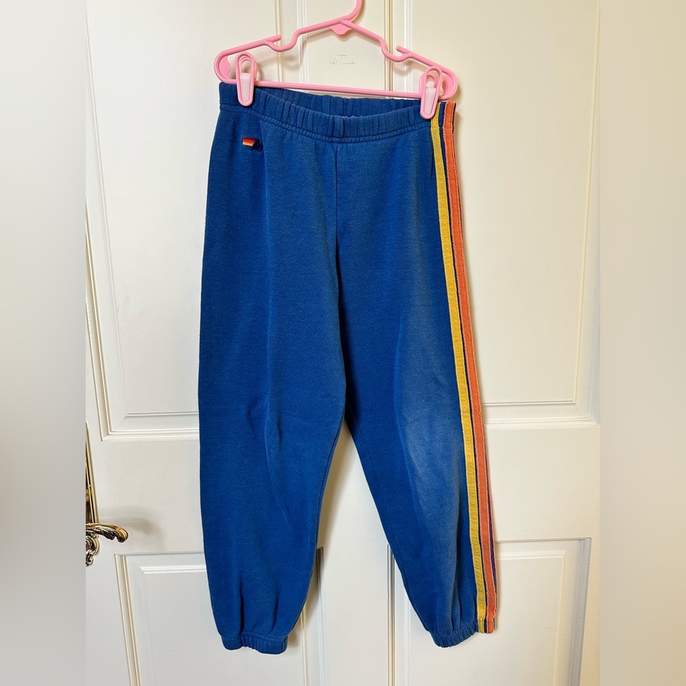 Aviator Nation Kids Blue Joggers with Rainbow Stripe (Size 10)